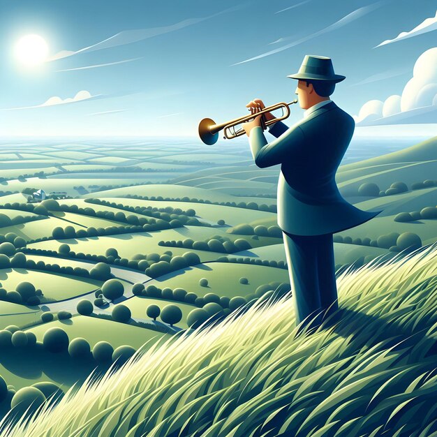 Photo atop a windswept hill overlooking a serene countryside an isometric style of trumpeter stands resol