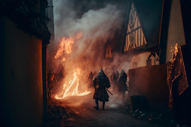 Attack of medieval warriors on village of city arson of houses and buildings the looting of the city Everything is on fire and smoke