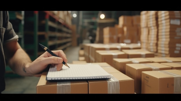 Attendant checking cargo boxes in a warehouse