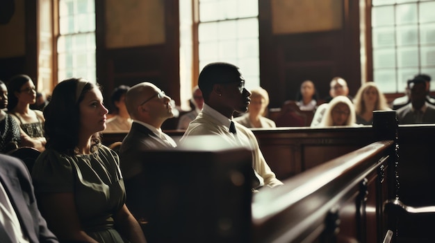 Photo an attentive audience listens in a woodpaneled room where sunlight streams through tall windows highlighting their focus