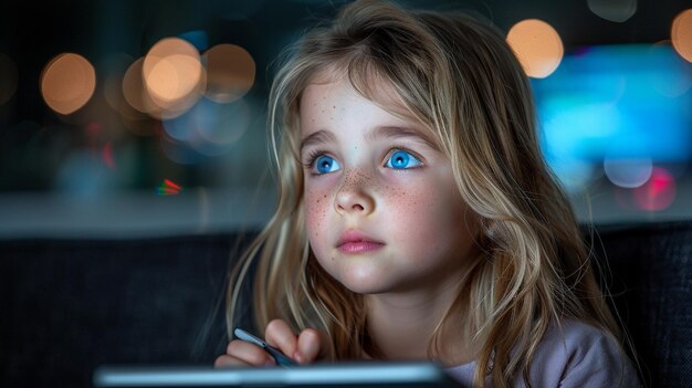 Photo attentive caucasian girl listening carefully to teacher in middle of class child writing or drawing