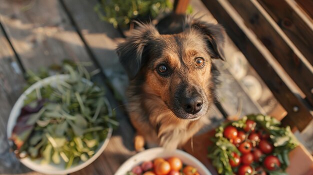 Attentive Dog with Harvested Garden Vegetables A curious and attentive dog looks on surrounded by a bountiful harvest of garden vegetables capturing a moment of harmony between pets and nature