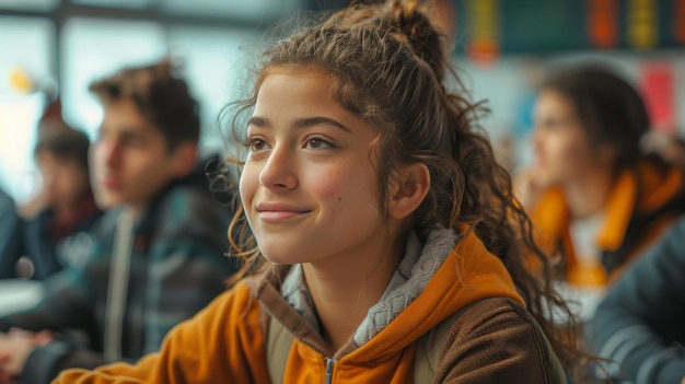 Photo attentive student wearing an orange hoodie sitting in a classroom and listening intently highlighting focus and education