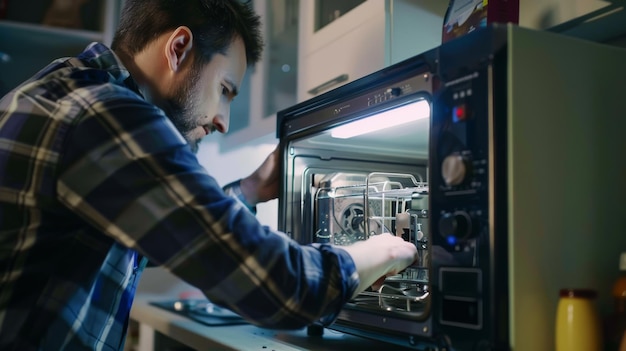 Photo an attentive technician inspects the inner mechanics of a microwave with focus on intricate adjustments and repairs