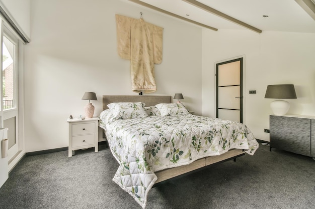 Attic bedroom interior with panoramic window