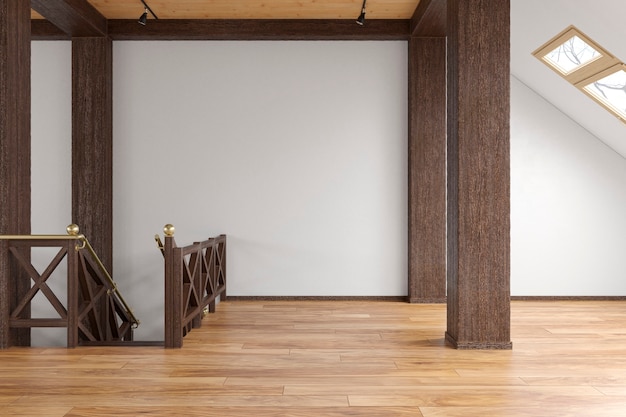 Attic loft open space empty interior with beams, windows, stairway, wooden floor. 3d render illustration mock up.