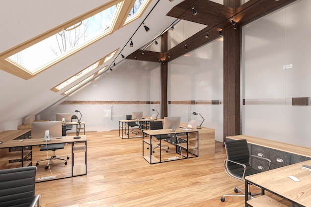 Attic office open space with beams, glass doors, brick wall, wooden floor, furniture and computers. 3d render illustration mock up.