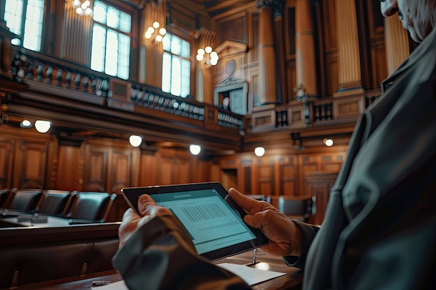 Photo attorney using tablet computer in courtroom