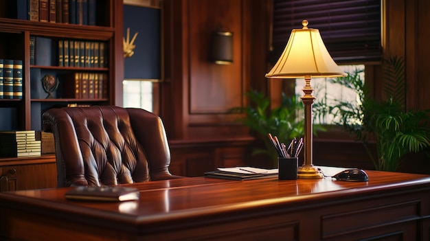 Photo attorneys cherry wood desk in a law office