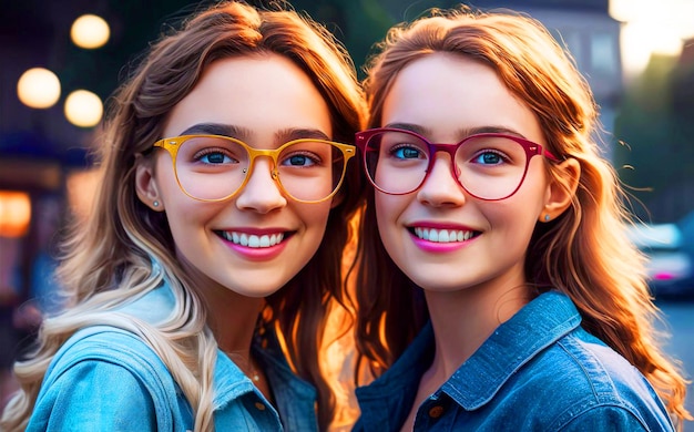 An attractive 3D render of two friendly and happy girls wearing bright colorful glasses