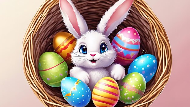 Attractive An adorable Easter bunny in wicker basket surrounded by colorful speckled eggs