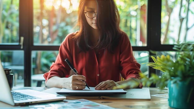 Attractive Adult female illustrator working on tablet device