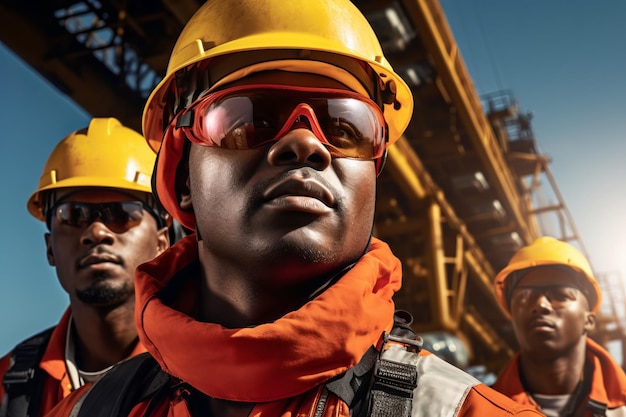 Attractive African American oil workers at work on a drilling rig