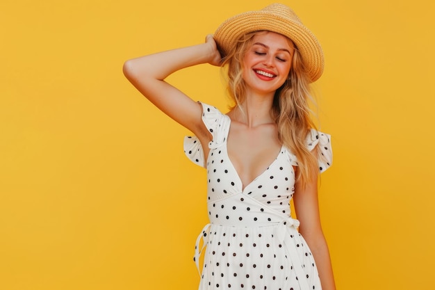 attractive asian female model in straw hat posing on yellow background