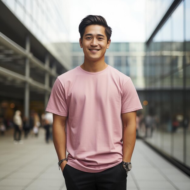 attractive asian man wearing blank tshirt for graphic design mockup