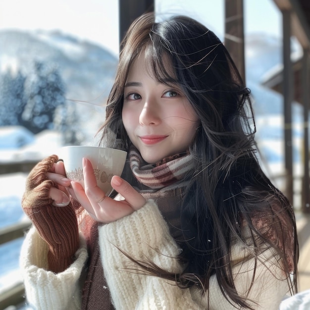 Attractive Asian woman drinking cold beverage in cafe during day