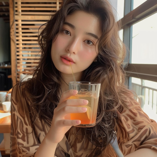 Attractive Asian woman drinking cold beverage in cafe during day