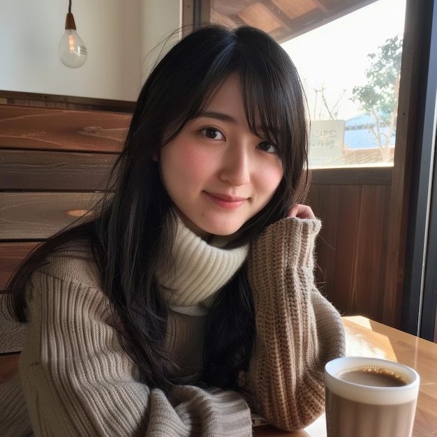 Attractive Asian woman drinking cold beverage in cafe during day