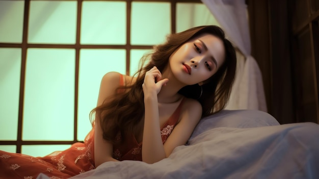 Attractive asian woman laying on bed wearing red gown Generative AI