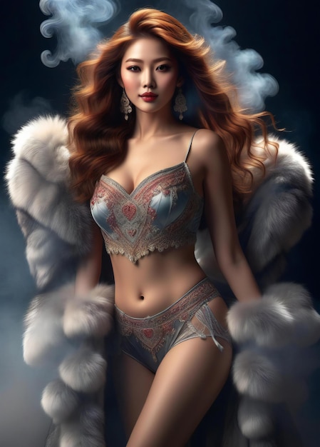 Attractive asian woman in sexy lingerie and fur coat