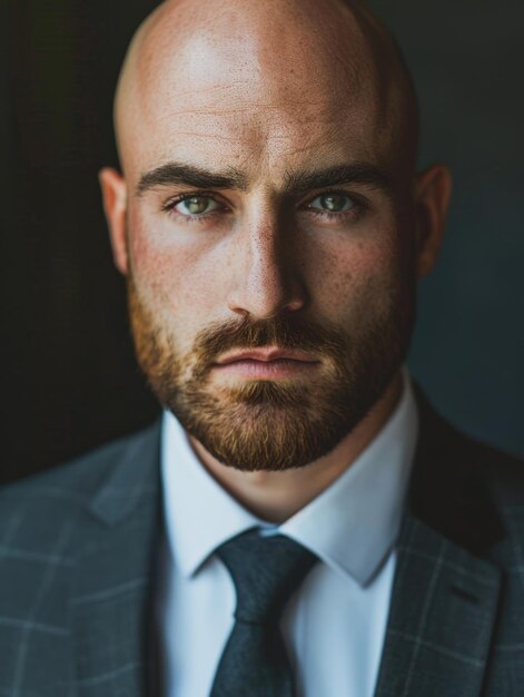 Photo an attractive bald and beard man wearing suit professional portrait profile picture