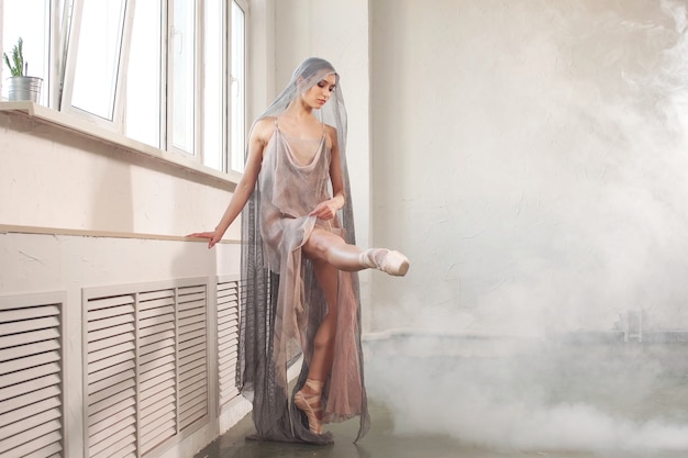 Attractive ballerina with a magnificent appearance is dressed in a stage costume made of beige openwork fabric with a veil on her head, posing against the background of smoke in a bright Studio