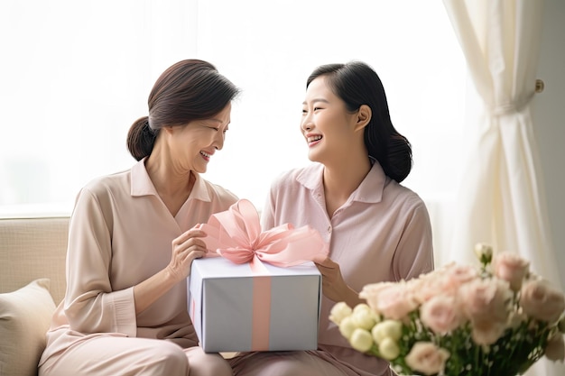 Attractive beautiful asian middle age mum sit with grown up daughter give gift box and flower in fam