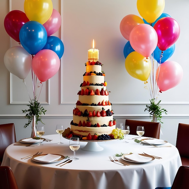 Photo attractive birthday and anniversary celebration cream cake and fruits with candles and balloons