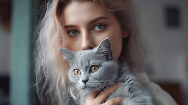 Attractive blue eyed curly blondie woman petting a fluffy grey cat