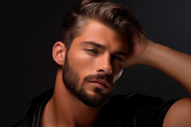 Attractive blueeyed bearded Caucasian man touching his hair Modern haircut Beard care