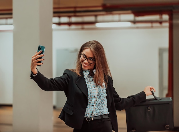 An attractive business woman in a suit a briefcase taking a photo for social networks with a smartphone Selective focus High quality photo