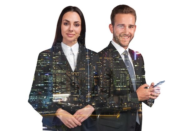 Attractive businesswoman and handsome businessman in suits using smartphone Asia corporate lifestyle communication of diverse young professionals Night Singapore city view Double exposure