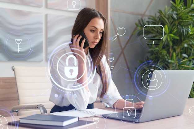 Attractive businesswoman in white shirt has conference call of cyber security in compliance division to protect clients confidential information IT hologram lock icons over office background