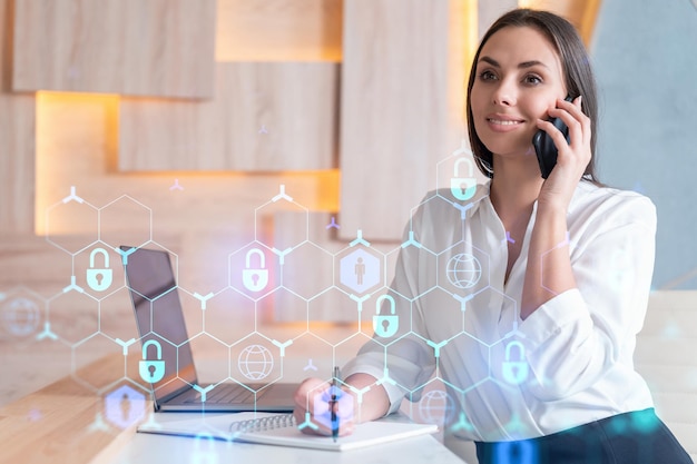 Attractive businesswoman in white shirt has conference call of cyber security in compliance division to protect clients confidential information IT hologram lock icons over office background