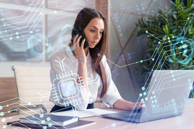 Attractive businesswoman in white shirt has conference call to optimize development by implying new technologies in business process Hi tech hologram over office background