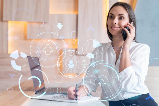 Attractive businesswoman in white shirt has conference call to optimize development by implying new technologies in business process Hi tech hologram over office background