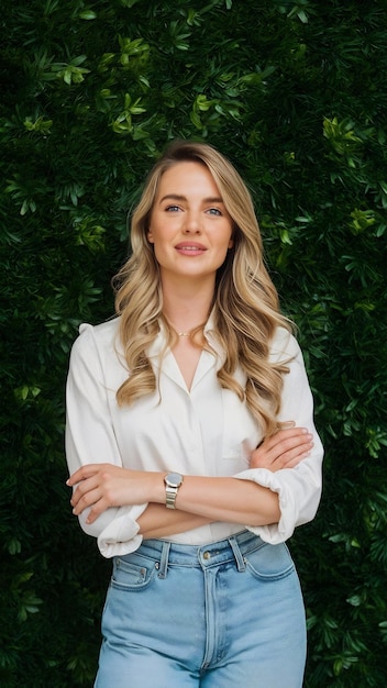 Photo attractive casually dressed modern long haired blonde is standing in sustainable company