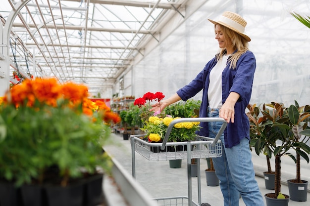 Attractive cheerful middle aged woman with potted flowers in shopping cart at greenhouse