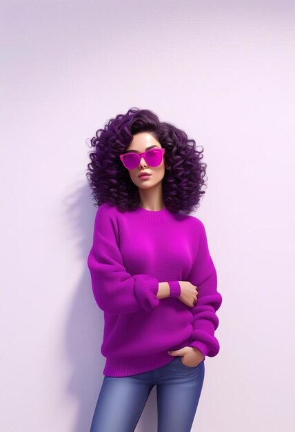 Photo attractive curly woman in purple cashmere sweater and fuchsia sunglasses poses on isolated wall