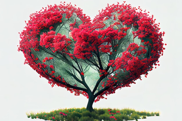 Attractive Digital art illustration of red blossom tree in heart shape