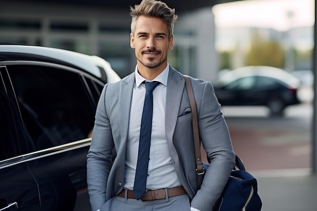 Attractive elegant happy man in good car