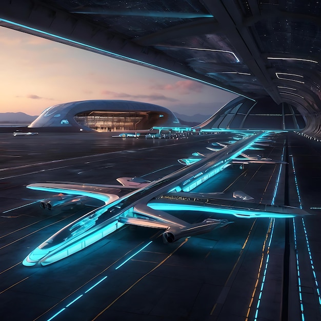 Photo attractive futuristic airport with neon lit runways and animation advance technology