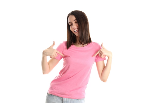 Attractive girl in pink t-shirt isolated on white background