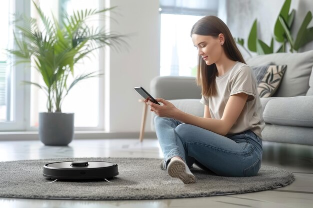 Photo attractive girl talking on smartphone while robotic vacuum cleaner washing carpet in living room