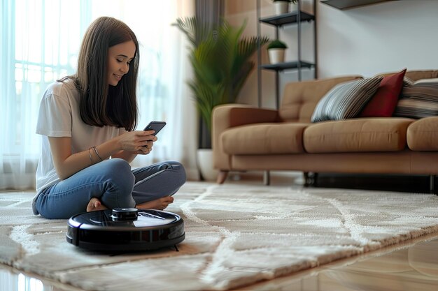 Photo attractive girl talking on smartphone while robotic vacuum cleaner washing carpet in living room