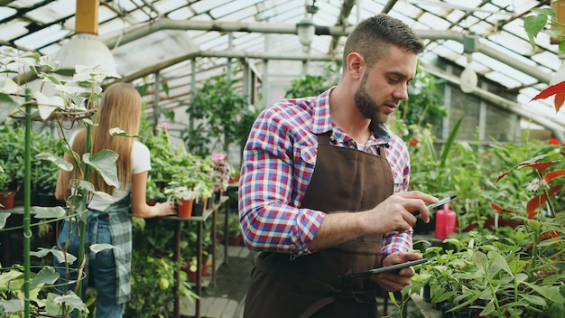 Attractive guy check and count flowers using tablet computer during work in greenhouse