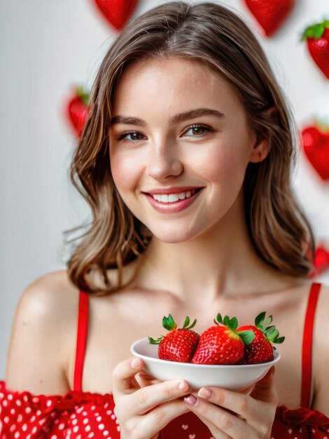 Photo attractive happy girl in red dress with red strawberries