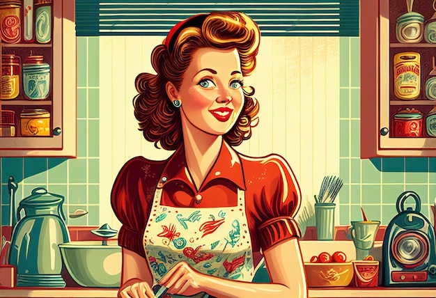 Photo attractive housewife at the kitchen 50s retro life illustration ai is generative