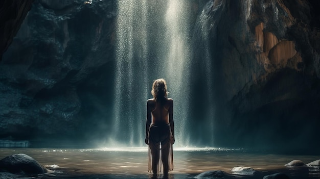 Attractive and inviting woman under the waterfall full body from behind high detailed