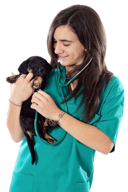 Photo attractive lady veterinarian over a white background